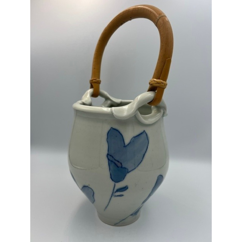 Vintage Studio Pottery Blue Floral Stoneware Vase with Bamboo Handle
